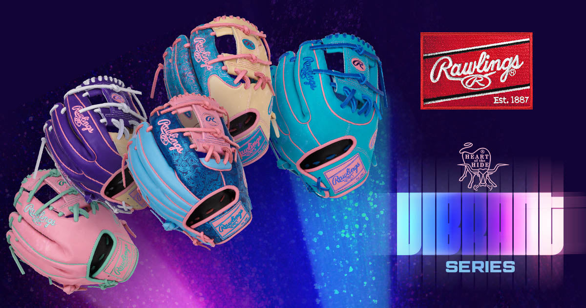Five colorful Rawlings baseball gloves in shades of pink, blue, yellow, and purple are displayed against a vibrant background. The Rawlings logo and “Vibrant Series” text appear on the right side.