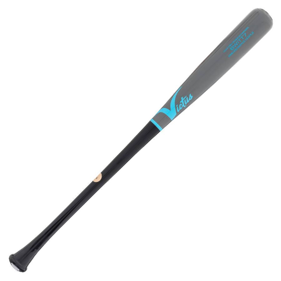 The Victus Bobby Witt Jr BWITT7 Pro Reserve Maple Wood Bat (VRWMBWITT7) features a two-tone design with a grey barrel, black handle, and blue-and-white Victus branding—just like the bat used by Bobby Witt Jr.