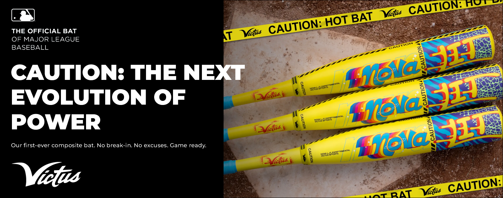 Three yellow and blue Victus Nova bats with bold graphics lie next to each other on dirt, surrounded by yellow caution tape. Text reads: “Caution: The next evolution of power.” Victus and MLB logos are visible.