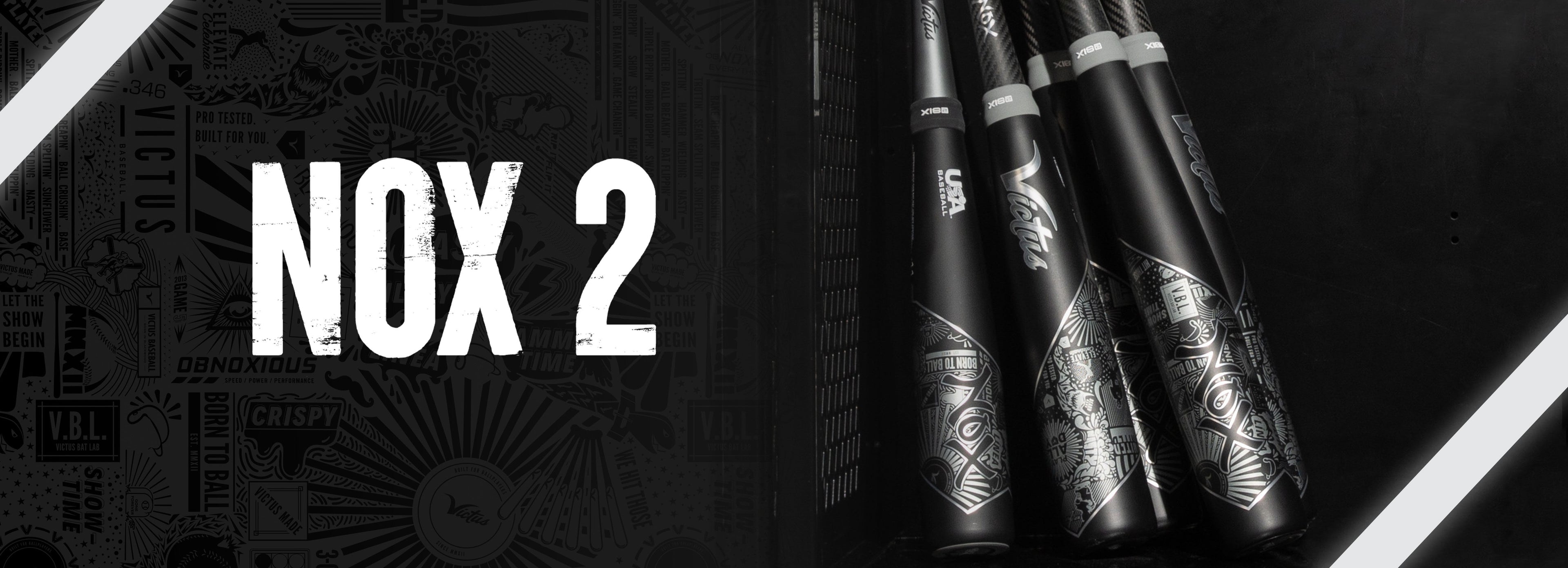 Three black baseball bats with intricate white designs lean against a dark wall. To the left, bold text reads NOX 2 on a patterned background with subtle baseball-themed graphics.