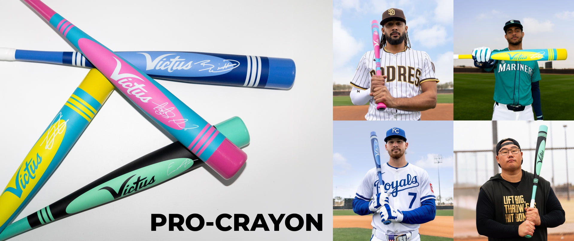 Four colorful baseball bats resembling crayons are crossed on the left. On the right, four baseball players pose holding the bats while wearing their team uniforms. Text at the bottom reads PRO-CRAYON.