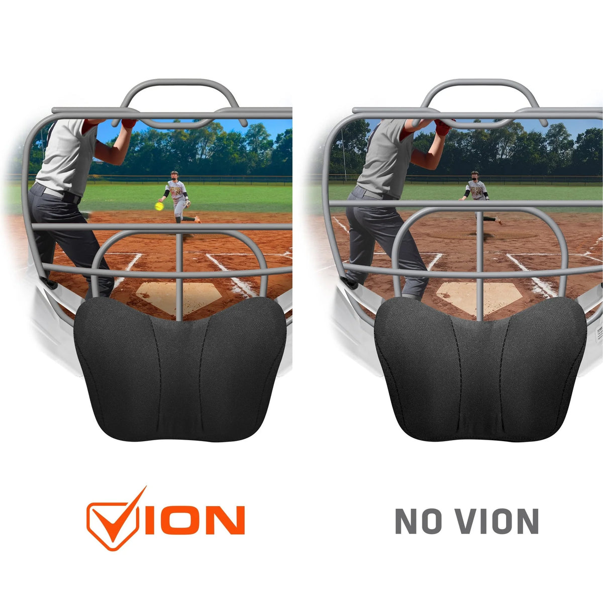 Side-by-side comparison of a softball catcher’s view with and without the All Star PHX Paige Halstead MVP Pro Lite Hockey Style Catcher’s Helmet (MVP-5-PHX-LT), showing improved visibility of the batter and pitcher when wearing this All Star mask. Inspired by Paige Halstead, this helmet offers enhanced performance and confidence behind the plate.