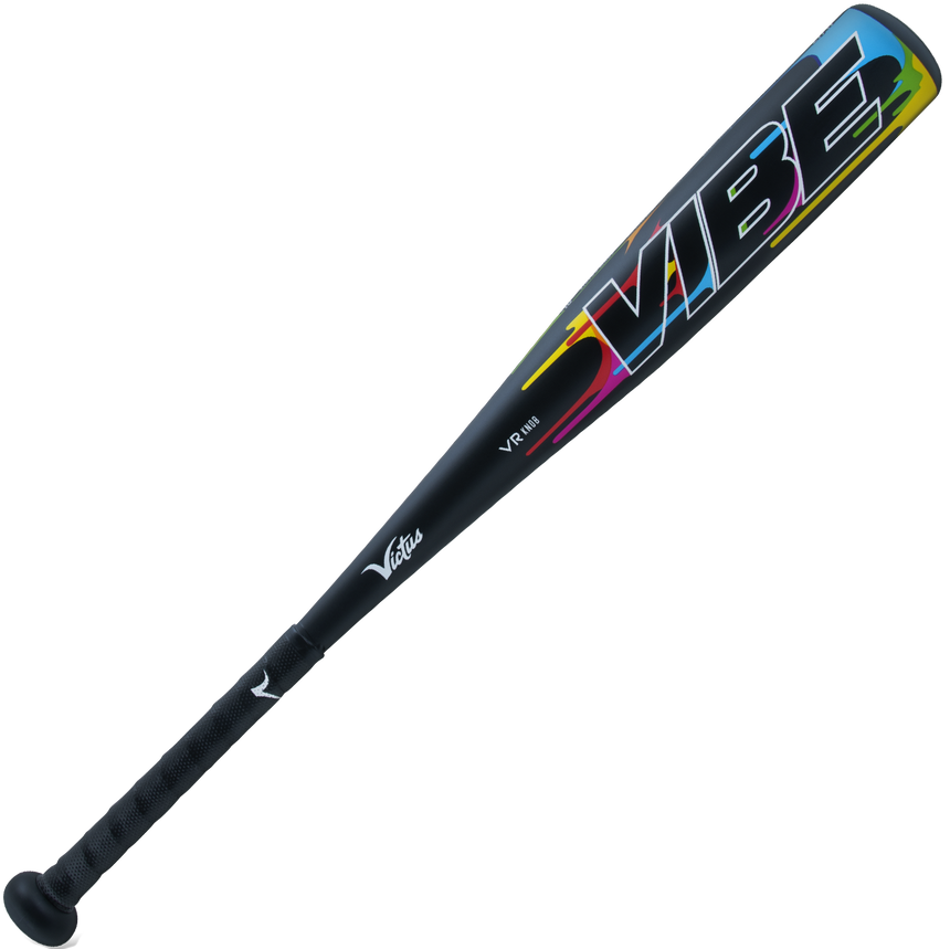 The 2024 Victus Vibe JBB (-10) 2 3/4" USSSA Baseball Bat by Victus features a black design, vibrant VIBE logo on the barrel, USSSA certification, one-piece aluminum construction, textured grip, and sleek style.
