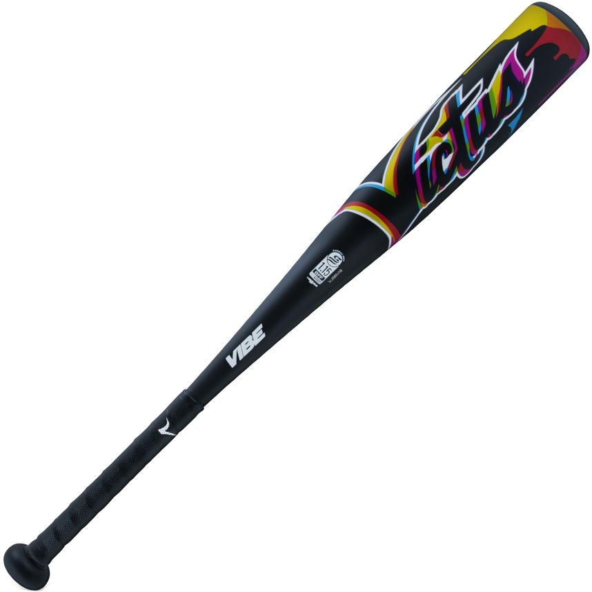 The 2024 Victus Vibe JBB (-10) USSSA Baseball Bat (VJBBVIB) features a black one-piece aluminum build with colorful barrel accents, bold Victus branding, and the Vibe model name near the handle—perfect for standing out on any field.