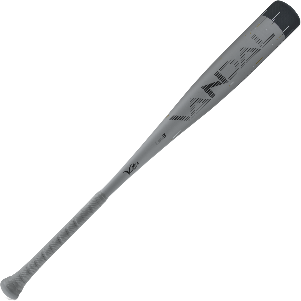 The 2024 Victus Vandal Lev3 (-5) 2 3/4" USSSA Baseball Bat (USED) features a sleek silver and black design with VANDAL on the barrel and Victus near the handle, offering top style and performance for serious players.