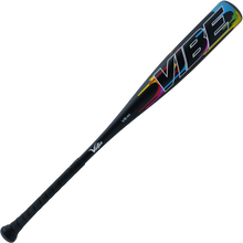 The 2024 Victus Vibe (-10) 2 3/4" USSSA Baseball Bat: VSBVIB10 by Victus is a black one-piece aluminum bat with a grip handle, bold multicolored "VIBE" graphics, and a vibration-reducing knob for comfort.