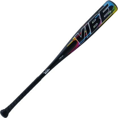 The 2024 Victus Vibe (-10) 2 3/4" USSSA Baseball Bat: VSBVIB10 by Victus is a black one-piece aluminum bat with a grip handle, bold multicolored "VIBE" graphics, and a vibration-reducing knob for comfort.
