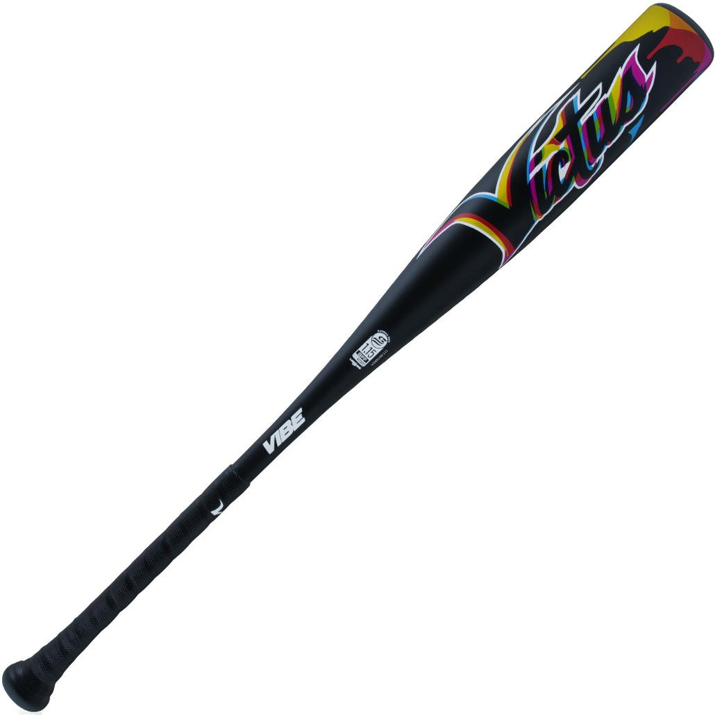 The 2024 Victus Vibe (-10) USSSA Baseball Bat (VSBVIB10-DM) features a black, one-piece aluminum design with a vibrant barrel logo, vibration-reducing knob, and textured grip.
