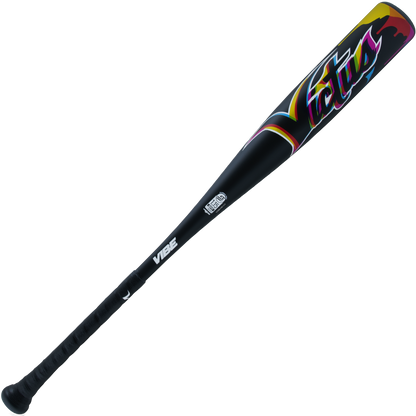 The 2024 Victus Vibe (-10) USSSA Baseball Bat (VSBVIB10-DM) features a black, one-piece aluminum design with a vibrant barrel logo, vibration-reducing knob, and textured grip.