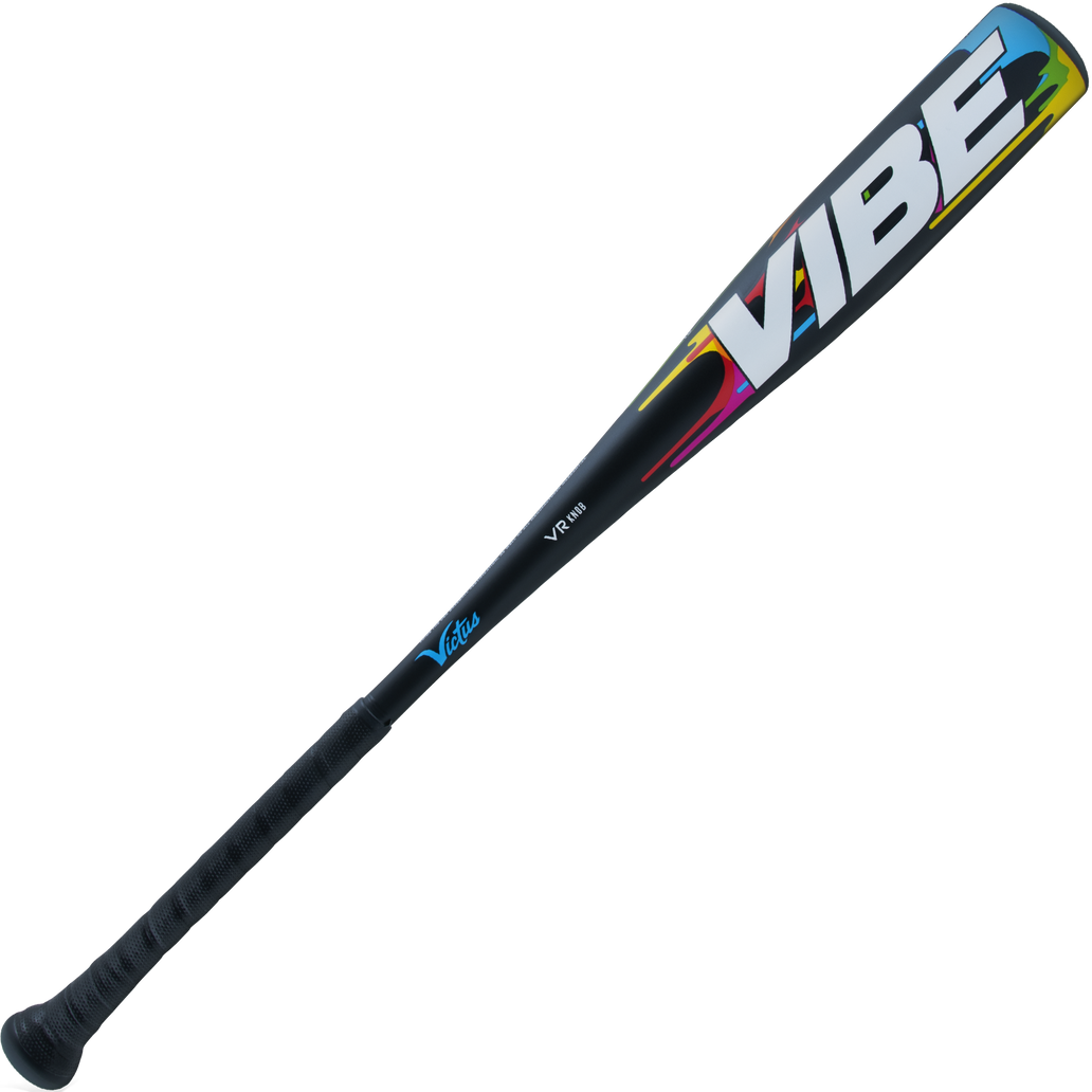 The 2024 Victus Vibe (-10) USA Baseball Bat features a one-piece black aluminum design with a vibrant barrel displaying "VIBE" in bold white letters outlined in blue, red, and yellow. The handle is wrapped for grip and has a vibration-reducing knob.