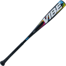 The 2024 Victus Vibe (-10) USA Baseball Bat features a one-piece black aluminum design with a vibrant barrel displaying "VIBE" in bold white letters outlined in blue, red, and yellow. The handle is wrapped for grip and has a vibration-reducing knob.