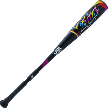 The 2024 Victus Vibe (-10) 2 5/8" USA Baseball Bat by Victus is a black, one-piece aluminum bat with a colorful design and a vibration-reducing knob for comfort and control.