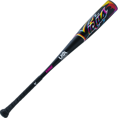 The 2024 Victus Vibe (-10) 2 5/8" USA Baseball Bat by Victus is a black, one-piece aluminum bat with a colorful design and a vibration-reducing knob for comfort and control.