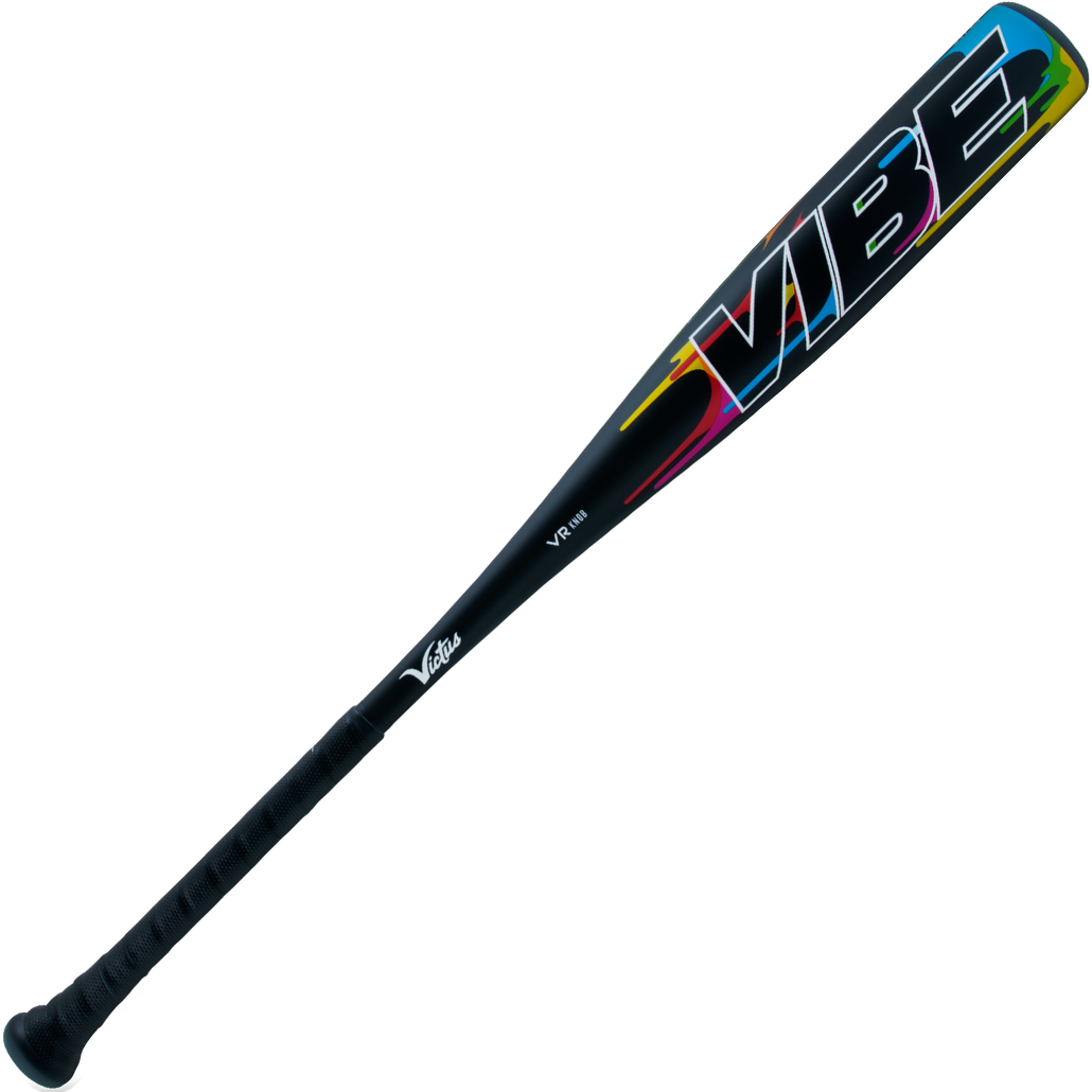 The 2024 Victus Vibe (-5) USSSA Baseball Bat (VSBVIB5) by Victus is a black, one-piece aluminum bat with "VIBE" in colorful letters near the barrel, a black grip, and a vibration-reducing knob, shown on a white background.