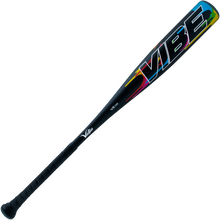 The 2024 Victus Vibe (-5) USSSA Baseball Bat (VSBVIB5) by Victus is a black, one-piece aluminum bat with "VIBE" in colorful letters near the barrel, a black grip, and a vibration-reducing knob, shown on a white background.