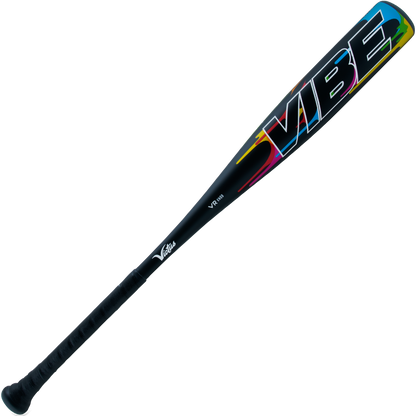 The 2024 Victus Vibe (-5) USSSA Baseball Bat (VSBVIB5) by Victus is a black, one-piece aluminum bat with "VIBE" in colorful letters near the barrel, a black grip, and a vibration-reducing knob, shown on a white background.