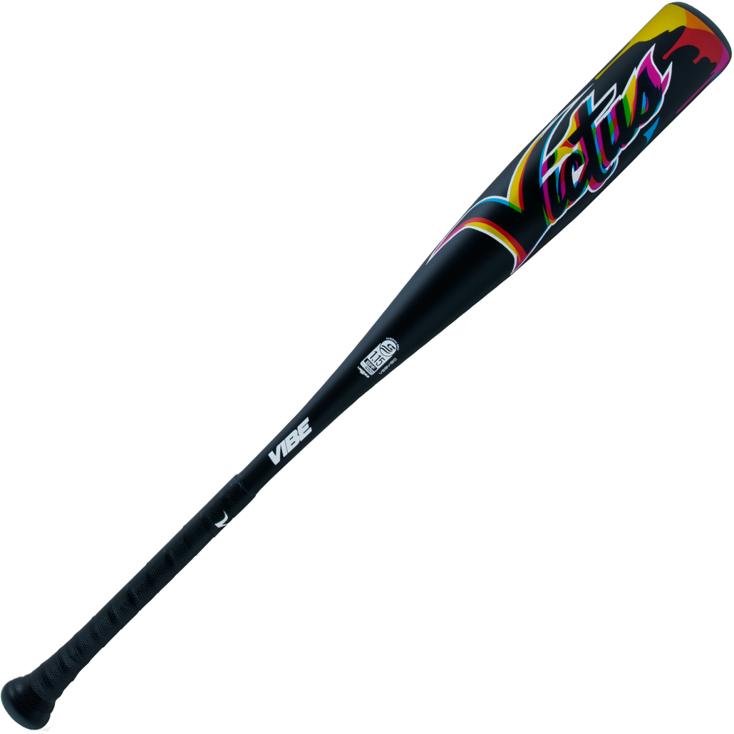 The 2024 Victus Vibe (-5) 2 3/4" USSSA Baseball Bat (VSBVIB5) is a black one-piece aluminum bat with a textured grip, bold "Victus" branding near the barrel, extra logos, a glossy finish, and a USSSA certified stamp.