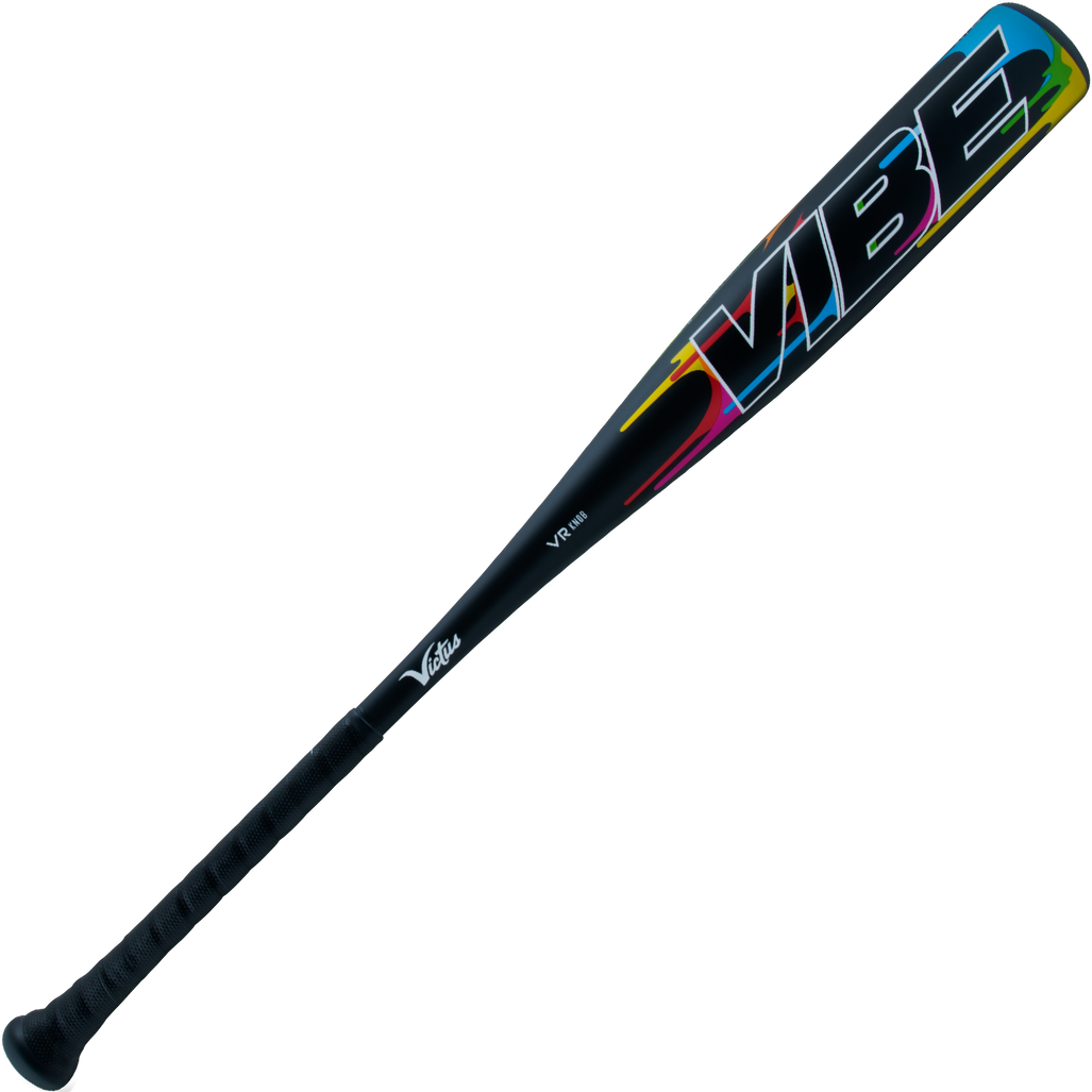 The 2024 Victus Vibe (-8) 2 3/4" USSSA Baseball Bat: VSBVIB8 is a USSSA-certified, one-piece aluminum bat with a black barrel, bold colorful "VIBE" letters, and a black grip handle.