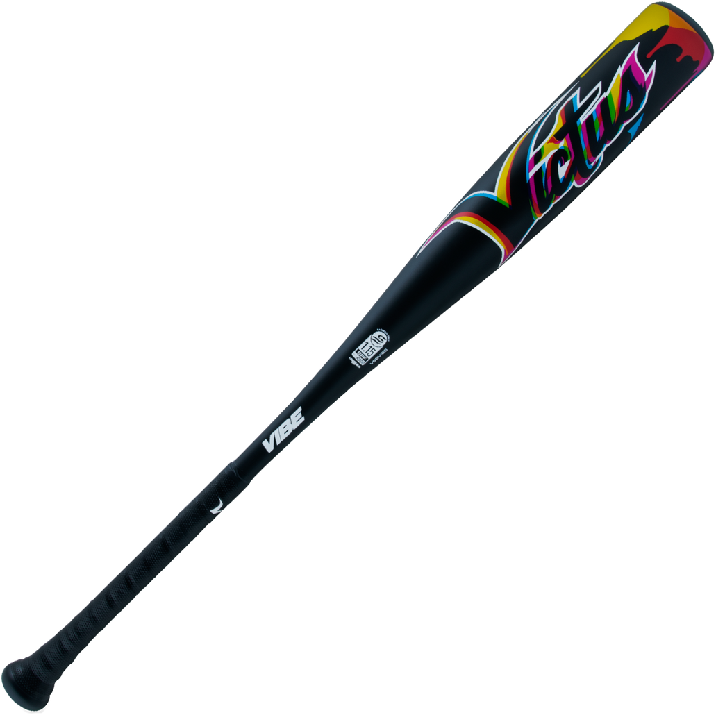 The 2024 Victus Vibe (-8) USSSA Baseball Bat features a black one-piece aluminum design, textured grip, colorful "Victus" graffiti-style lettering, a vibration-reducing knob, "VIBE" in white text, and USSSA certification.