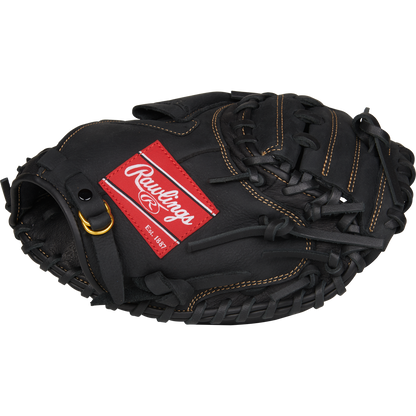 The Rawlings Renegade 31.5" Catcher's Mitt (RCM315B) features black leather with brown stitching, a red Rawlings patch, intricate lacing, and a closed web—perfect for players seeking reliable game-ready performance.