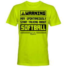 The NSA Softball Warning Short Sleeve Shirt by DSG Apparel features black text on a yellow classic-fit tee—ideal for fans of timeless softball shirt style.