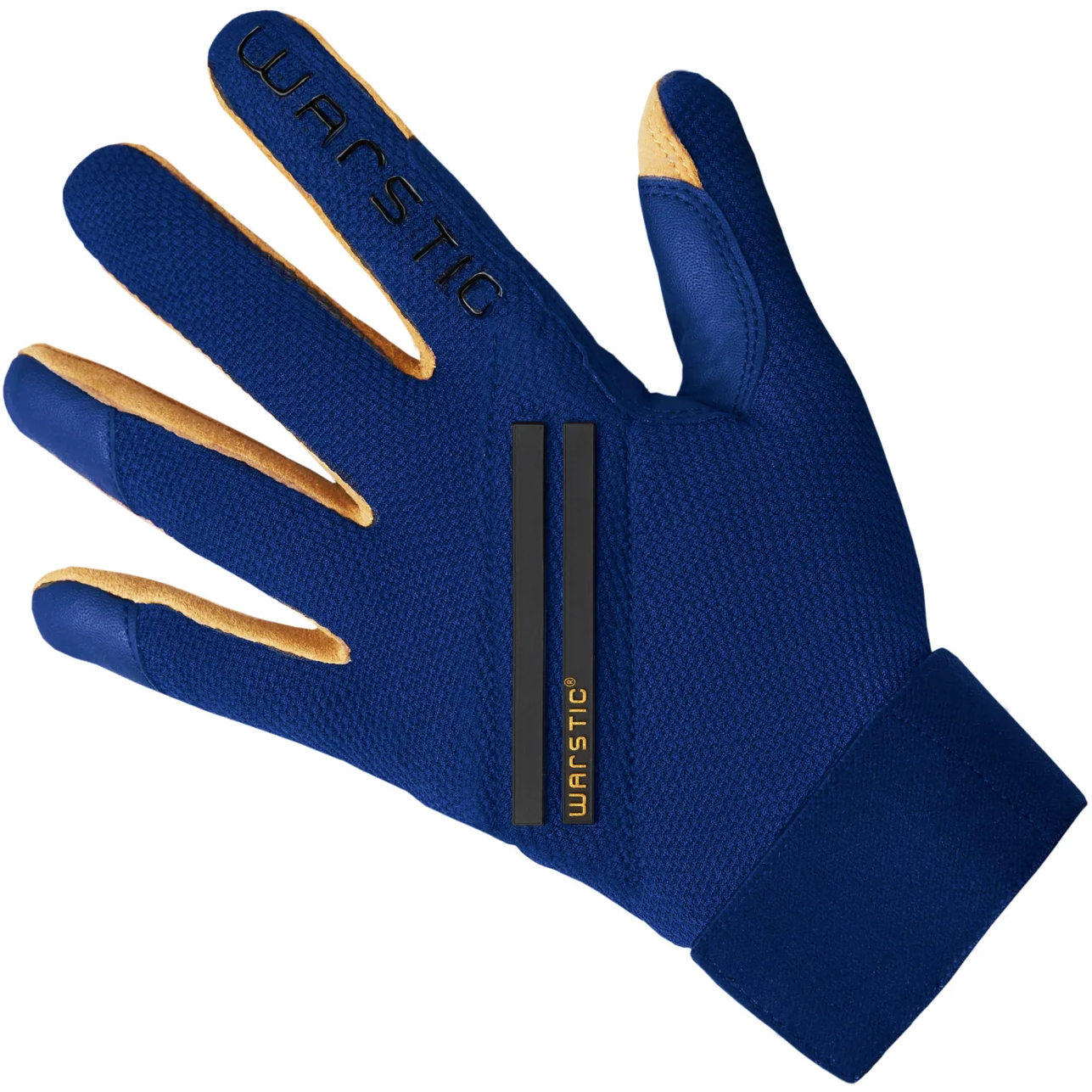 The Warstic Workman3 Adult Batting Glove (BG-W3) features a blue design with tan fingertip accents, black Warstic logo and stripes on the back, and offers wrist support for high performance. Shown here with the palm facing down.
