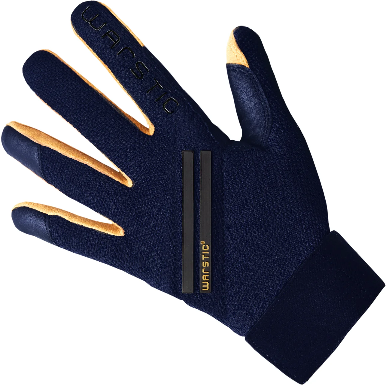 The Warstic Workman3 Adult Batting Gloves (BG-W3) feature navy blue design with tan fingertips on the index, middle, and thumb, "WARSTIC" branding on the index finger, and two black stripes for high performance and wrist support.