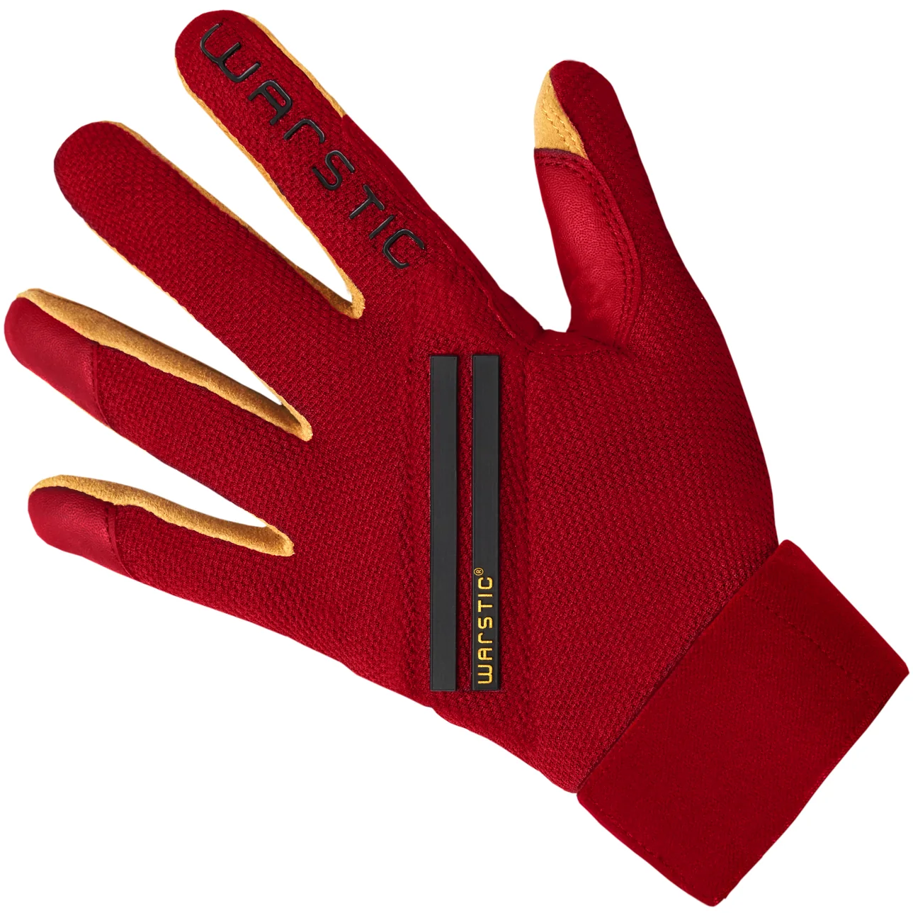 The Warstic Workman3 Adult Batting Gloves (BG-W3) feature a red design with tan fingertips and black accents, plus the Warstic logo on the index finger and wrist, inspired by high-performance gloves for style and support.