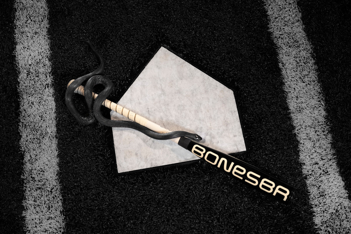 A black cobra coils around a Warstic 2025 Bonesaber Hybrid Black Cobra (-3) BBCOR Baseball Bat (MBBSRHB25BK3), which rests on home plate on a black turf field with white lines.