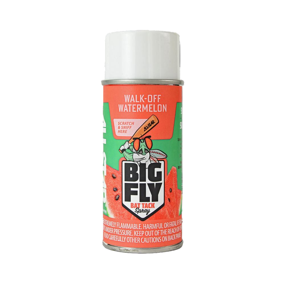 All Star Big Fly Bat Tack Spray: BFSP1 in Walk-Off Watermelon scent features a red and green label with a cartoon fly holding a bat and a "scratch & sniff here" sticker—perfect for improving your bat grip.