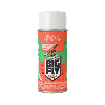 All Star Big Fly Bat Tack Spray: BFSP1 in Walk-Off Watermelon scent features a red and green label with a cartoon fly holding a bat and a "scratch & sniff here" sticker—perfect for improving your bat grip.