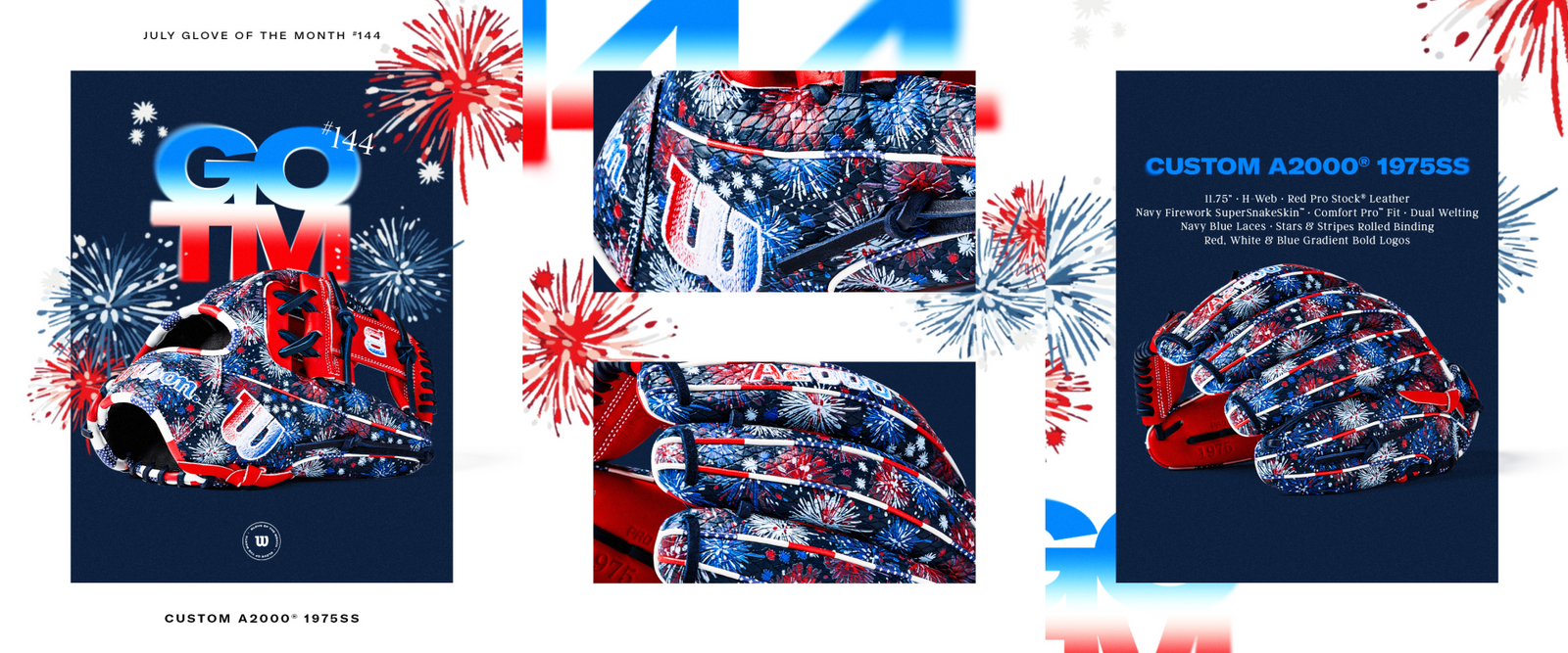 A blue, red, and white baseball glove featuring a fireworks pattern is shown from multiple angles with text describing it as the July Glove of the Month: the Wilson Custom A2000 1975SS.