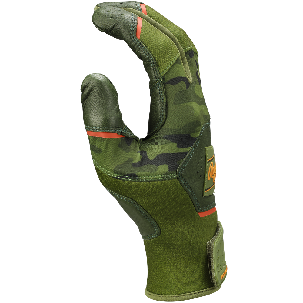 The Rawlings Workhorse Adult Batting Glove (WH25BG) by Rawlings features a green camouflage pattern with orange accents, a Velcro wrist strap, Oitac leather for durability, and is shown from the back with slightly curled fingers.