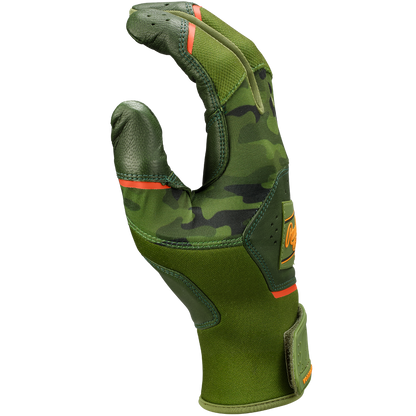 The Rawlings Workhorse Adult Batting Glove (WH25BG) by Rawlings features a green camouflage pattern with orange accents, a Velcro wrist strap, Oitac leather for durability, and is shown from the back with slightly curled fingers.