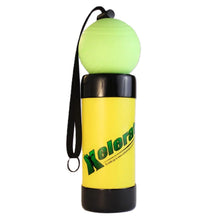 The yellow Markwort Xelerator Fastpitch Pitching Trainer: MWXELERFP features a neon yellow ball attached to a cylinder with a black wrist strap for developing a proper wrist snap.