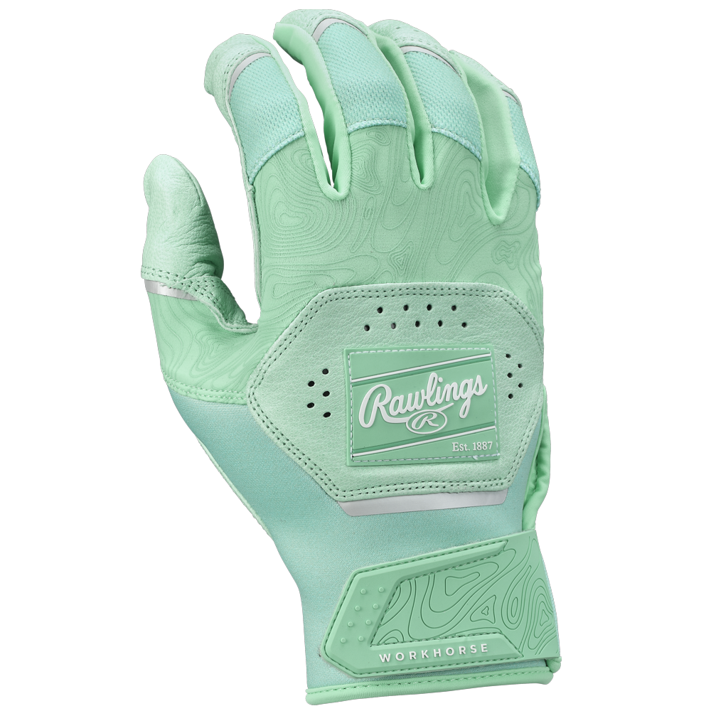 The Rawlings Workhorse Adult Batting Gloves (WH25BG) feature a mint green color with light gray accents, vented perforations, textured patterns, the Rawlings logo, “WORKHORSE” wrist strap label, and a comfy Dynamic Fit System.
