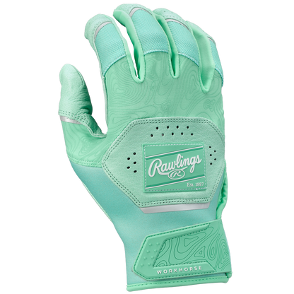 The Rawlings Workhorse Adult Batting Gloves (WH25BG) feature a mint green color with light gray accents, vented perforations, textured patterns, the Rawlings logo, “WORKHORSE” wrist strap label, and a comfy Dynamic Fit System.