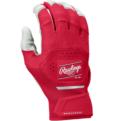 A pair of Rawlings Workhorse Adult Batting Gloves (WH25BG) in red and gray, featuring the Rawlings logo on the back, is shown palm down.