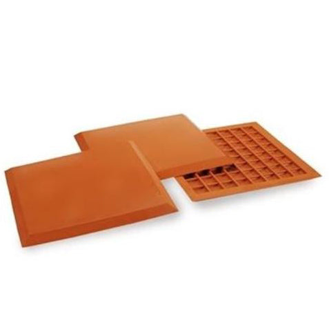 Three orange square Athletic Specialties Throw Down Bases (Set of 3): SB1 are shown. One is flipped to display the waffle-grip underside, while another lies flat; each base has beveled edges for easy handling. Brand: Athletic Specialties.