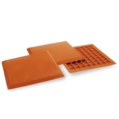 Three orange square Athletic Specialties Throw Down Bases (Set of 3): SB1 are shown. One is flipped to display the waffle-grip underside, while another lies flat; each base has beveled edges for easy handling. Brand: Athletic Specialties.