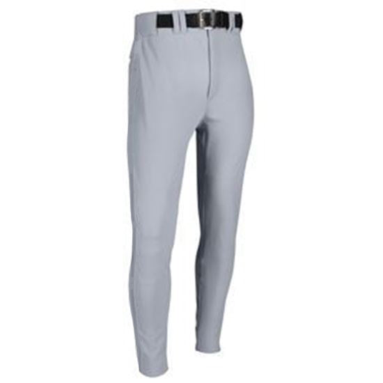 Russell Youth Premium Game Baseball Pants (33147B1) in light gray, featuring a tapered fit, nylon stretch for comfort, black belt, and no visible brand markings, displayed on a plain white background.
