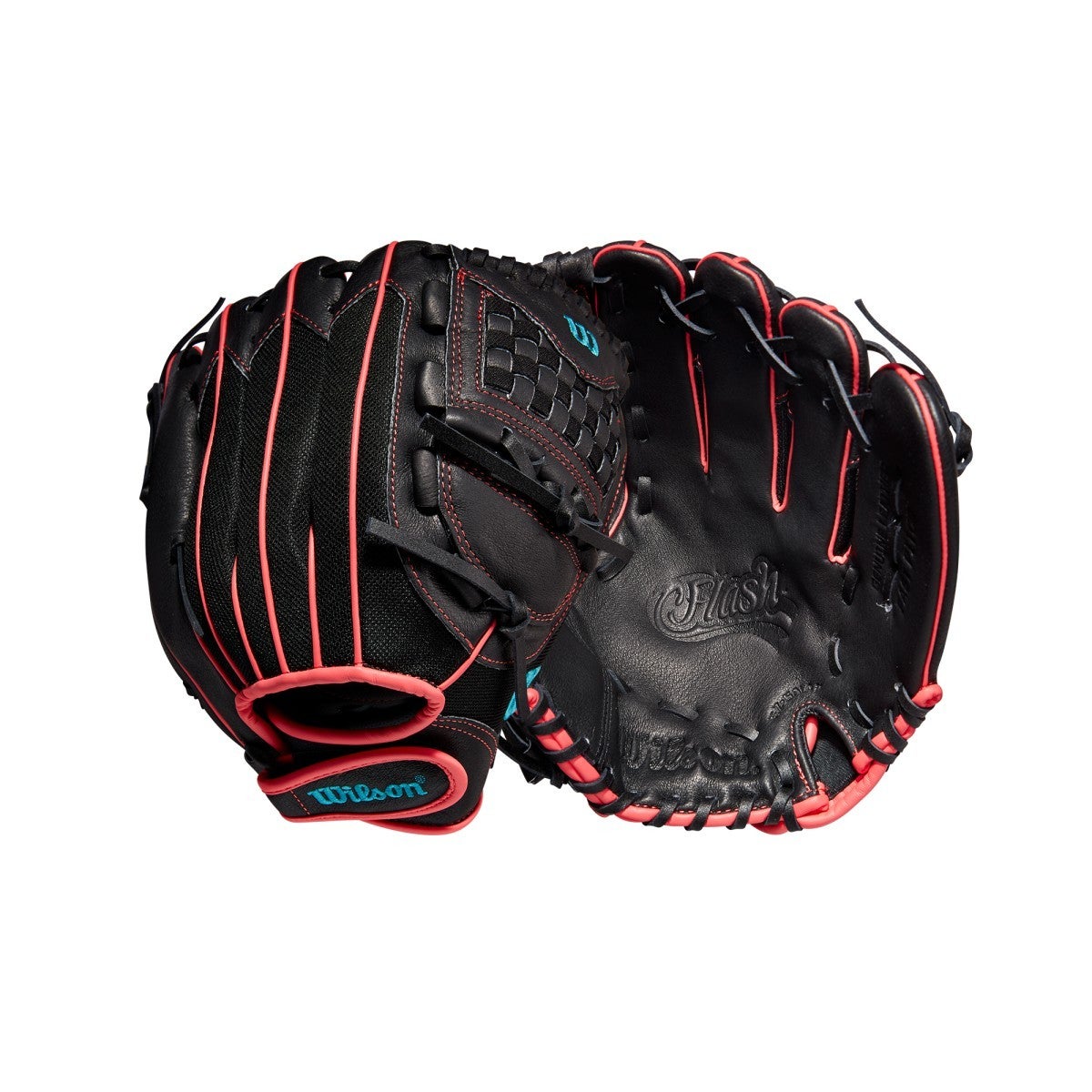 Two black Wilson Flash 11.5" Fastpitch Gloves (WBW100415115) with pink laces, blue Wilson logos, and a Closed Corset Web are displayed with palms and backs visible on a white background.