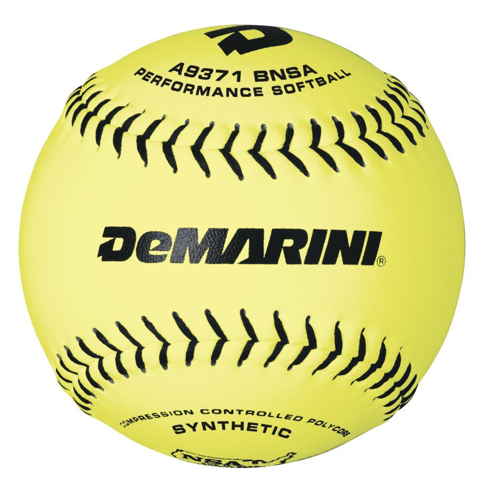 The DeMarini NSA 11" 52/275 Synthetic Slowpitch Softball (WTA9371BNSA) features a bright yellow cover with black stitching, designed for durability—ideal for players seeking high-quality synthetic softballs.