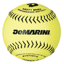 The DeMarini NSA 11" 52/275 Synthetic Slowpitch Softball (WTA9371BNSA) features a bright yellow cover with black stitching, designed for durability—ideal for players seeking high-quality synthetic softballs.