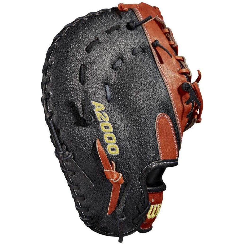 Wilson’s A2000 SC1620SS 12.5" SuperSkin First Base Mitt features a black and brown leather design, yellow A2000 logo, intricate lacing, and SpinControl Technology for enhanced grip.
