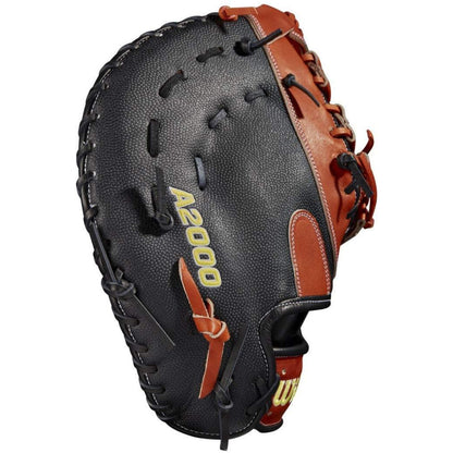 Wilson’s A2000 SC1620SS 12.5" SuperSkin First Base Mitt features a black and brown leather design, yellow A2000 logo, intricate lacing, and SpinControl Technology for enhanced grip.