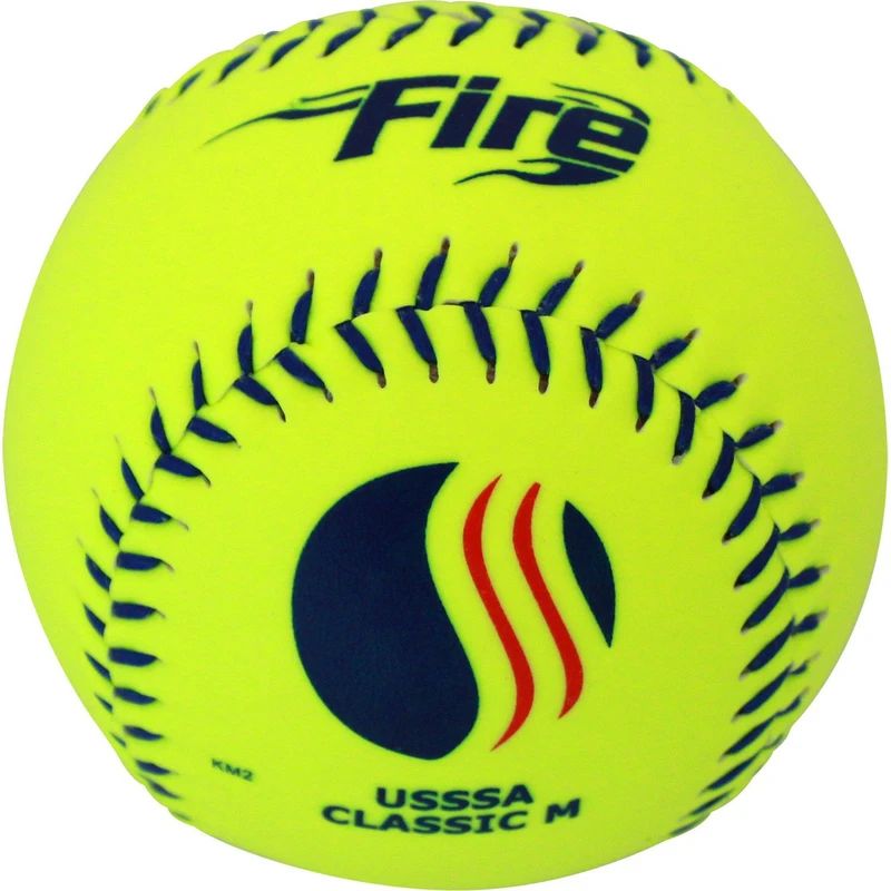 The Baden USSSA Fire Classic M 12" 40/325 Synthetic Slowpitch Softball (0U325YS) is a yellow, logoed ball approved for USSSA slowpitch play.