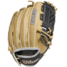 The Wilson A2000 P12 12" Fastpitch Glove (WBW10043912) features a tan and black design with white stitching and laces, crafted from Pro Stock leather, with the Wilson brand and model embroidered on the back.