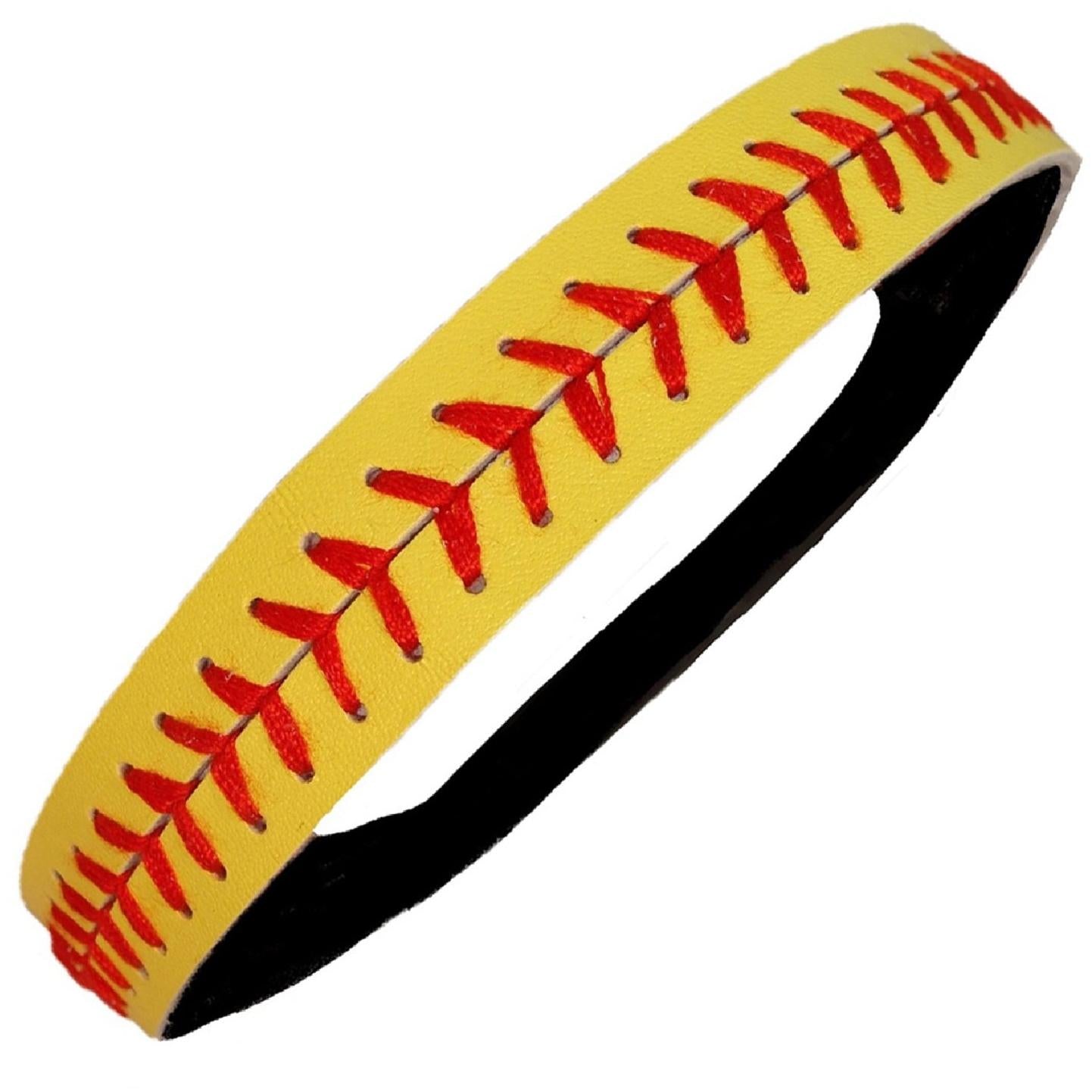 The Diamond Sport Gear Softball Leather Headband: DSGSHB is a yellow leather headband with red softball seam stitching, crafted for comfort during sports.