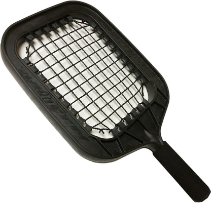 A black rectangular bug zapper racket with a wire grid and solid handle, designed to kill insects on contact; its shape resembles the Markwort Accubat Pro One Handed Coaches Tool (100101), a baseball training aid.